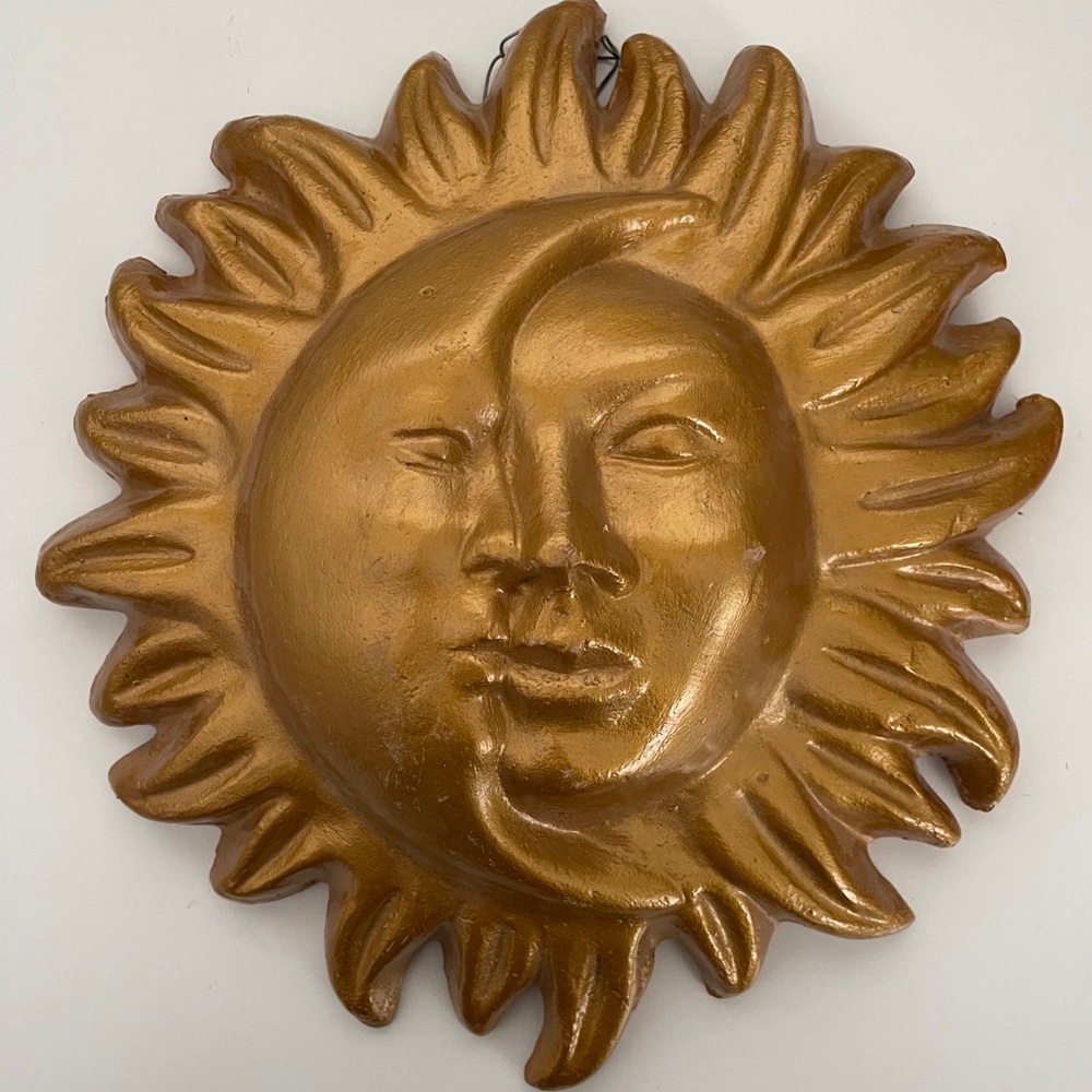 Celestial Sun & Moon Face Vintage Pottery Ceramic Garden Wall Art 12”in